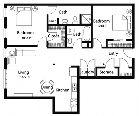 Floor plan for 2 beds, 2 baths, 1126 sqft